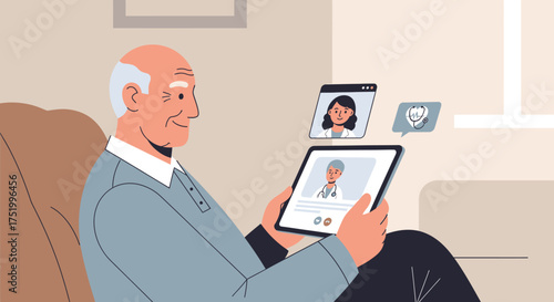 Elderly man using tablet for telehealth consultation with doctor