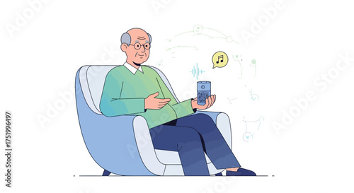 Smiling senior man in glasses, green sweater, holding smart speaker, seated in armchair, flat illustration style.