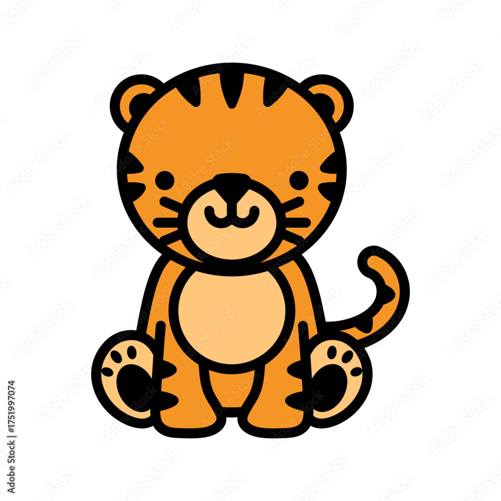 Naklejka premium Adorable cartoon tiger cub illustration perfect for children's books and playful designs, bringing a touch of wild sweetness and innocent charm