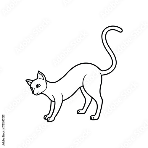 Minimal black line art vector of single cat stretching, isolated on white background, clean flat stock icon