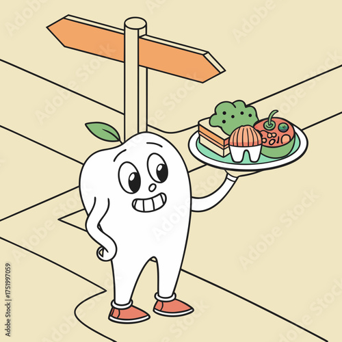 Cartoon tooth character at the crossroads choosing vegetables and fruits