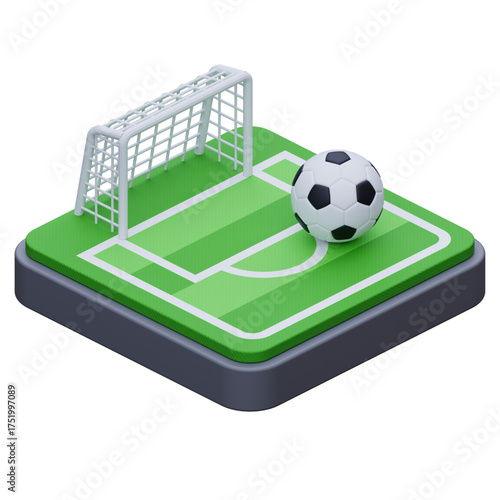 Vibrant 3D isometric illustration depicting a miniature football pitch with a goal and a soccer ball, symbolizing sport, competition, and gaming themes for digital and print media