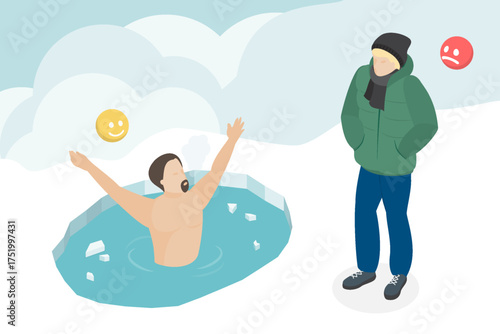 Man dipping into ice hole and man in warm clothes in winter. Healthy lifestyle. Flat isometric vector illustration.