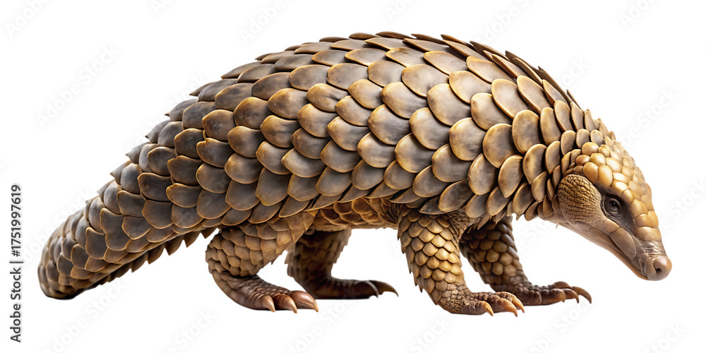 Obraz premium Side view of a pangolin with scaly armor walking isolated against a dark backdrop