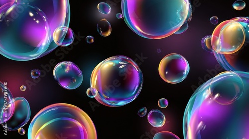 Wallpaper Mural Vibrant Soap Bubbles Floating Against Black Background, Iridescent Colors. Torontodigital.ca