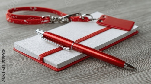 Red Pen on White Notebook with Lanyard and Tag on Gray Wood