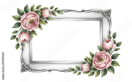 Elegant ornate white frame adorned with delicate pink peonies and lush green leaves, perfect for invitations and special occasion designs