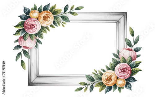 Elegant floral frame with soft pink and peach roses and lush green leaves, perfect for invitations or decorative projects.