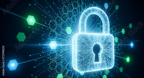 Wallpaper Mural Digital padlock with glowing lines and hexagon pattern in dark background Torontodigital.ca