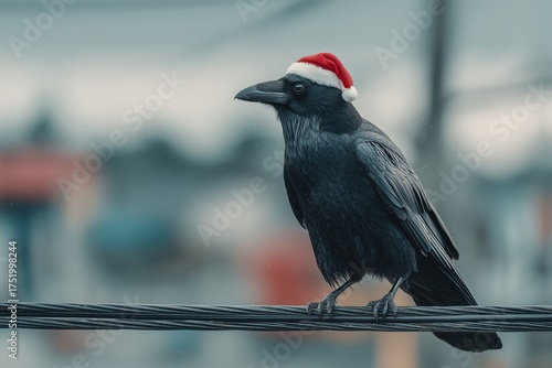 crow wearing a santa hat on a wire