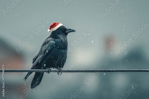 crow wearing a santa hat on a wire