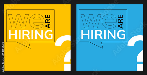 Join our team banners. We are hiring communication poster, help wanted advertising banner with speaker and vacant badge. Hr recruiting hire, vacancy job offer isolated vector signs set