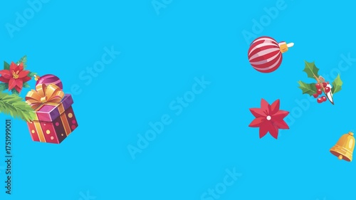 Christmas objects animated on blue screen, chroma key. Transition effects with winter holidays elements