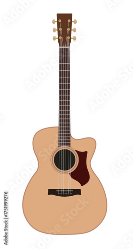 An illustration of an acoustic guitar with a light wood finish and a cutaway body. Ideal for music, concert, lesson, and hobby-related designs and promotional materials.
