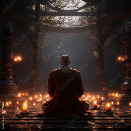 A monk sitting in a meditation pose in a monastery surrounded by lit candles.