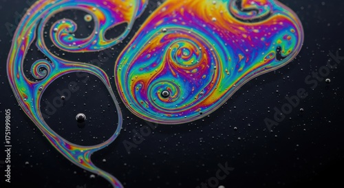 Abstract iridescent oil slick with colorful swirls and patterns on black