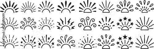 sunburst vector set with rising sun line art in black and white minimal style