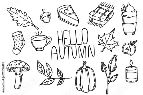 Set of autumn elements - warm scars, pumpkin, leaf, pie, cup and other