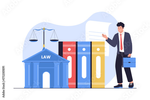 Illustration of Law Firm and Legal Consulting. Attorney Standing by a Court Building and Legal Documents