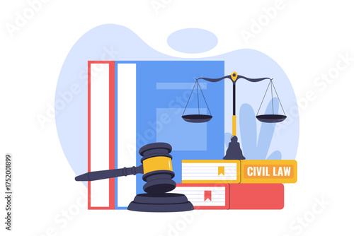 Illustration of Civil Law and Legal Code. Law Books, a Gavel, and Scales of Justice Representing Non-Criminal Legislation