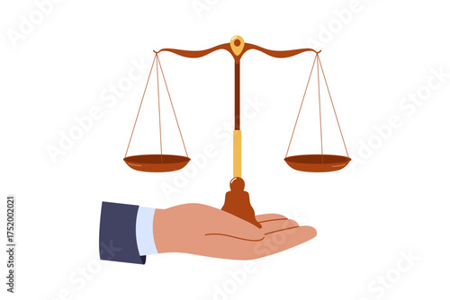 Illustration of Scales of Justice and Equity. Legal Symbol Held by a Hand Representing Law and Order