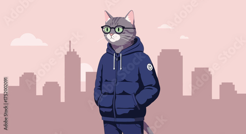 Vector Illustration of Cool Anthropomorphic Cat – Hipster Feline Character in Hoodie and Down Jacket Standing Against City Buildings Silhouette