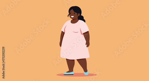 Vector Cartoon Illustration of Happy Plus-Size Woman – Smiling Curvy Girl in Casual Dress and Clothes