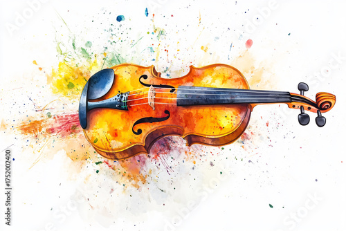 Watercolor painting of a violin isolated on white background, a beautiful musical instrument with vibrant colors and artistic expression