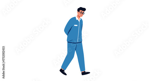 Vector Flat Illustration of Man in Psychiatric Hospital – Mental Patient with Glasses Walking with Folded Arms, Anxiety Concept