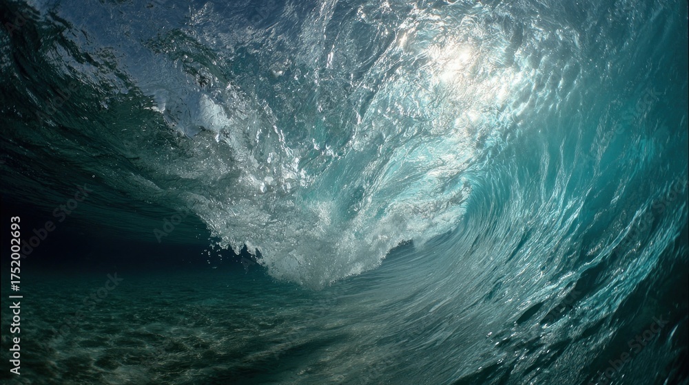 Fototapeta premium Underwater Wave's Curvature: Sunlit, Transparent, and Powerful Ocean Scene.