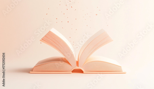 Open book isolated on white background, with a soft, pastel pink hue, creating a minimalist and inviting aesthetic for reading and learning