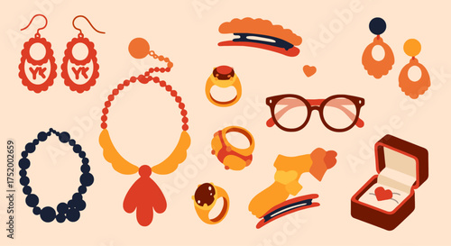 Vector Set of Colorful Y2K Accessories – Cute Earrings, Rings, Necklaces, Glasses, Barrettes, and Funky Vintage Jewellery Collection