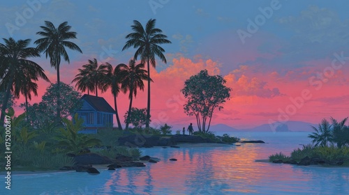 Tropical Sunset Serenity: Coastal Home, Palms, and Figures in Dreamy Light