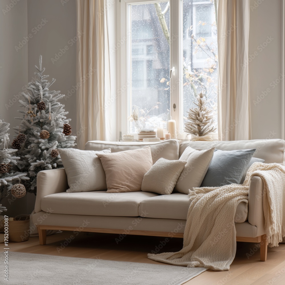 Fototapeta premium Cozy Scandinavian Living Room Interior with Christmas Tree and Soft Textures