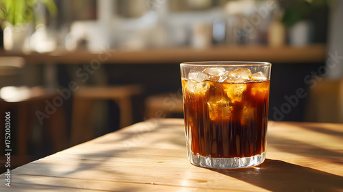 Iced coffee in sunlit cafe setting
