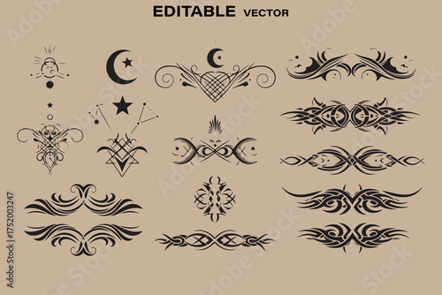 Collection of ornate islamic and tribal decorative elements and borders