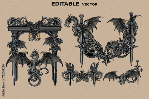 Ornate gothic dragon and sword decorative elements vector art