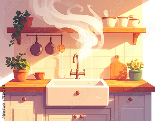  Artistic Illustration of Steaming Kitchen Faucet.