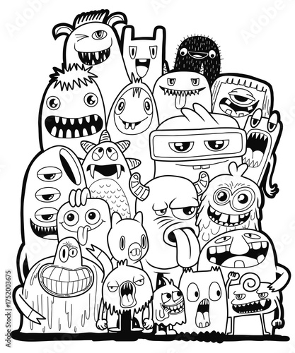 funny monsters. Cool hand drawn characters. Cartoon hand drawn doodles, children's  illustration coloring background. black and white stripes.