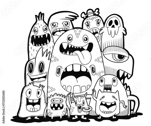 funny monsters. Cool hand drawn characters. Cartoon hand drawn doodles, children's  illustration coloring background. black and white stripes.