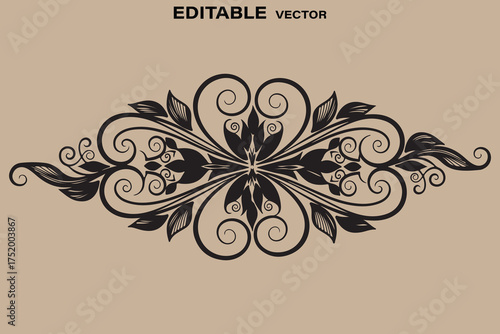 Elegant black floral scrollwork ornament with leaves on a beige background