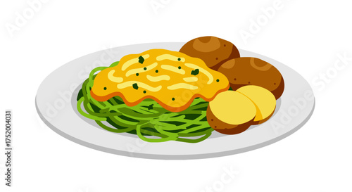 Vector Illustration of Peruvian Dish Tallarines Verdes con Papa a la Huancaína – Traditional Food Isolated on White Background
