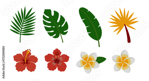 Vector Cartoon Set of Tropical Leaves and Flowers – Palm, Banana Leaf, Hibiscus, and Plumeria Illustration
