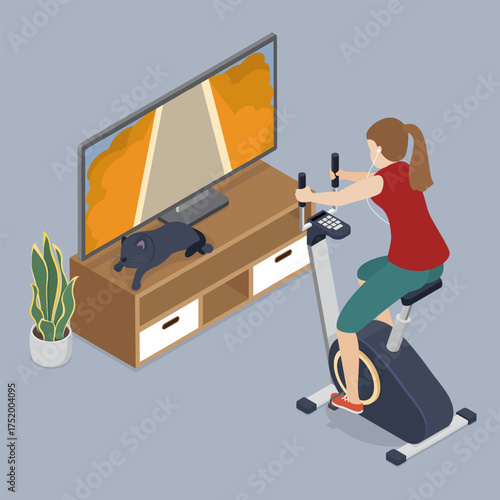 Young woman exercising on exercise bike at home. Girl training in front of TV. Cardio workout. 3d flat vector isometric illustration.