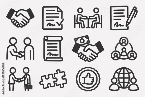 Diverse teamwork and collaboration icons representing various activities and interactions in a business or community setting