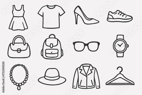 Fashion and apparel icons set – outline, linear, clothing and accessories symbols