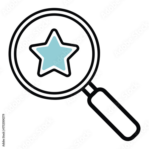 Magnifying glass focused on a blue star icon representing search and discovery
