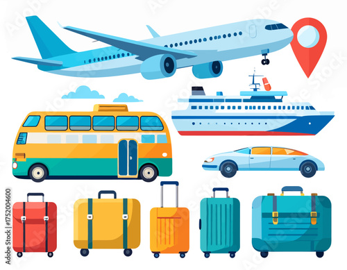 vector icon set, airplane, bus, ship, car, location pin, and luggage