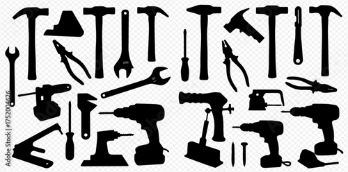 A collection of black silhouettes representing various hand and power tools for construction and repair.