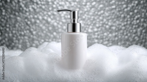 Sleek White Pump Bottle on Lush Soap Foam with Sparkling Silver Bokeh